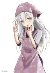 Rule 34 | 1girl, apron, aqua eyes, blue sailor collar, blue skirt, collared shirt, cooking, cowboy shot, floating hair, hair between eyes, hibiki (kancolle), holding, jewelry, kantai collection, long hair, miniskirt, open mouth, pink apron, pleated skirt, print apron, ring, risokaaso (tommy9551), sailor collar, sailor shirt, shirt, signature, silver hair, simple background, skirt, sleeves rolled up, solo, standing, straight hair, very long hair, wedding band, wedding ring, white background, white shirt
