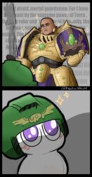 Rule 34 | 1boy, 1girl, absurdres, adeptus custodes, armor, astra militarum, bald, blush, earrings, english text, halberd, han soape, highres, jewelry, looking down, looking up, nose piercing, nose ring, piercing, polearm, power armor, purple eyes, shoulder armor, size difference, sparkle, warhammer 40k, weapon