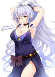 Rule 34 | 1girl, anniversary, armpits, arms up, bare arms, bare shoulders, black bow, black choker, blue bow, blue dress, blush, bow, braid, breasts, choker, cleavage, closed mouth, commentary request, copyright name, draph, dress, granblue fantasy, hair between eyes, hair bow, high ponytail, highres, kanopan, large breasts, ponytail, side braid, side braids, silva (gentian blue) (granblue fantasy), silva (granblue fantasy), simple background, sleeveless, sleeveless dress, smile, solo, twin braids, white background, yellow eyes