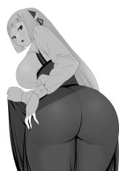 Rule 34 | 1girl, ass, blunt bangs, blush, breasts, corset, dress, from behind, greyscale, highres, huge ass, large breasts, long hair, long sleeves, looking at viewer, looking back, momoko (shoutao), monochrome, original, puffy sleeves, shoutao, solo, white background