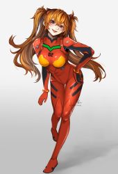 Rule 34 | 1girl, blush, bodysuit, breasts, brown hair, commentary request, full body, gloves, grey background, happy, highres, hoshiringo0902, interface headset, leaning forward, lips, long hair, looking at viewer, medium breasts, multicolored bodysuit, multicolored clothes, neon genesis evangelion, open mouth, plugsuit, red bodysuit, shiny clothes, shiny skin, solo, souryuu asuka langley, standing, twintails, very long hair, wide hips