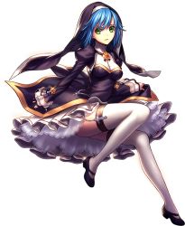 Rule 34 | 1girl, black dress, blue hair, brooch, dress, full body, garter straps, green eyes, habit, jewelry, juliet sleeves, lips, long legs, long sleeves, metto, nun, puffy sleeves, sleeves past wrists, solo, thighhighs, transparent background, unleashed, white thighhighs