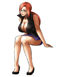 Rule 34 | 1990s (style), 1girl, breasts, cleavage, creatures (company), elite four, full body, game freak, glasses, high heels, huge breasts, leaning forward, legs, lips, lipstick, long hair, long legs, looking at viewer, lorelei (pokemon), makeup, nintendo, open clothes, open shirt, pencil skirt, pokemon, pokemon rgby, ponytail, popped collar, red eyes, red hair, retro artstyle, shirt, shoes, side slit, simple background, sitting, skirt, sleeveless, smile, solo, thighs, white background, yoop