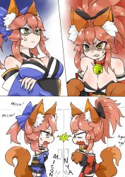 Rule 34 | 10s, 2girls, anger vein, animal ears, animal hands, bell, blue thighhighs, bow, breasts, cleavage, collar, crossed arms, detached sleeves, dual persona, fang, fate/extra, fate/grand order, fate (series), fox ears, fox tail, hair bow, hair ribbon, highres, japanese clothes, large breasts, long hair, miji doujing daile, multiple girls, neck bell, open mouth, pink hair, ribbon, shaded face, tail, tamamo (fate), tamamo cat (fate), tamamo cat (first ascension) (fate), tamamo no mae (fate/extra), thighhighs, yellow eyes