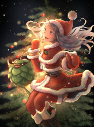 Rule 34 | 1girl, :d, arciela v adoulin, blue eyes, boots, brown footwear, cactus41747280, capelet, christmas ornaments, christmas tree, creature, final fantasy, final fantasy xi, floating hair, fur-trimmed boots, fur-trimmed capelet, fur-trimmed headwear, fur-trimmed legwear, fur trim, grey hair, hat, highres, holly, hume, leafkin, light particles, long hair, long sleeves, mittens, open mouth, red capelet, red headwear, red mittens, red thighhighs, santa boots, santa costume, santa hat, smile, thighhighs