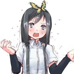 Rule 34 | 1girl, animal, animal on head, arm warmers, asashio (kancolle), black hair, blue eyes, bug, butterfly, butterfly on head, flying sweatdrops, bug, kantai collection, long hair, on head, open mouth, shirt, short sleeves, simple background, solo, soubi, trembling, upper body, white background, white shirt