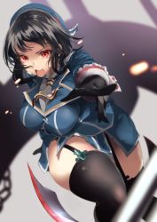 Rule 34 | 1girl, beret, black gloves, black hair, black thighhighs, blue hat, blurry, breasts, depth of field, endou (zettai bluenoid), garter straps, gloves, hat, highres, kantai collection, large breasts, military, military uniform, miniskirt, open mouth, red eyes, round teeth, rudder footwear, short hair, skirt, solo, takao (kancolle), teeth, thick thighs, thighhighs, thighs, uniform, upper teeth only