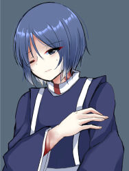 Rule 34 | 1other, androgynous, blood, blood on arm, blue background, blue eyes, blue hair, blue shirt, closed mouth, commentary request, hair between eyes, hand on own arm, highres, kashiwagi kaoru, len&#039;en, long sleeves, no headwear, one eye closed, other focus, ougi hina, pain, shirt, short hair, simple background, solo, sweat, upper body