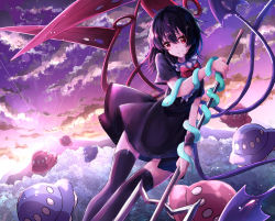 Rule 34 | 1girl, absurdres, asymmetrical wings, black dress, black hair, black thighhighs, blue wings, bow, bowtie, center frills, closed mouth, cloud, dress, forest, frills, gradient sky, highres, holding, holding polearm, holding weapon, houjuu nue, looking at viewer, mizudori (msarasoju), nature, outdoors, polearm, purple sky, red bow, red bowtie, red eyes, red wings, short hair, short sleeves, sky, smile, snake armband, solo, thighhighs, touhou, trident, ufo, weapon, wings