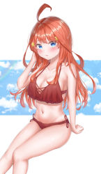 Rule 34 | 1girl, absurdres, ahoge, arm support, bikini, blue eyes, breasts, brown bikini, cleavage, collarbone, eyes visible through hair, go-toubun no hanayome, hair between eyes, hair ornament, highres, invisible chair, large breasts, long hair, looking at viewer, nakano itsuki, navel, parted lips, red hair, side-tie bikini bottom, sitting, sky, solo, star (symbol), star hair ornament, stomach, swimsuit, syatihoko