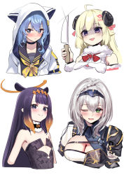 Rule 34 | 4girls, ahoge, animal ears, armor, bare shoulders, black choker, black serafuku, blonde hair, blue hair, blush, bow, braid, breastplate, breasts, choker, cleavage, clothing cutout, collar, collarbone, deadnooodles, detached collar, detached sleeves, dress, extra ears, flat chest, frown, fur trim, green eyes, grey eyes, grey hair, hair between eyes, hair ornament, hair ribbon, hairband, halo, highres, holding, hololive, hololive english, hood, hooded jacket, hoodie, horns, hoshimachi suisei, hoshimachi suisei (school uniform), jacket, knife, large breasts, long hair, looking at viewer, multiple girls, neckerchief, ninomae ina&#039;nis, ninomae ina&#039;nis (1st costume), one eye closed, open mouth, pink ribbon, purple dress, purple eyes, purple hair, red bow, ribbon, school uniform, serafuku, shaded face, sheep horns, shirogane noel, shirogane noel (1st costume), short hair, shoulder armor, smile, tentacle hair, tsunomaki watame, tsunomaki watame (1st costume), virtual youtuber, white jacket, yellow neckerchief