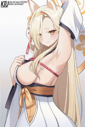 Rule 34 | 1girl, animal ears, armpits, blonde hair, blue archive, breasts, closed mouth, detached sleeves, gradient background, grey background, hair over one eye, hairband, halo, highres, japanese clothes, kaho (blue archive), kimono, kiu6, large breasts, long hair, looking at viewer, orange hairband, orange halo, pixiv username, presenting armpit, sideboob, solo, sweat, thick eyebrows, twitter username, white kimono, white sleeves, wide sleeves, yellow eyes