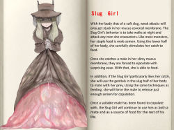 Rule 34 | 1girl, character profile, dress, hard-translated, hat, headgear, mon-musu quest!, monster girl, puffy sleeves, slug, slug girl, solo, tagme, text focus, third-party edit, translated