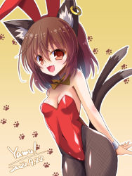 Rule 34 | 1girl, animal ears, bare shoulders, bow, bowtie, breasts, brown hair, cat ears, cat tail, chen, detached collar, ear piercing, earrings, fake animal ears, fishnets, highres, jewelry, leotard, multiple tails, nekomata, open mouth, orange background, pantyhose, piercing, playboy bunny, rabbit ears, single earring, solo, strapless, tail, touhou, two tails, wrist cuffs, yamu (reverse noise)