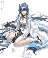 Rule 34 | 1girl, 2022, absurdres, arknights, arm tattoo, black shorts, black skin, blouse, blue eyes, blue hair, bowl, collar, colored skin, detached collar, dragon girl, dragon horns, dragon tail, flame-tipped tail, full body, hair between eyes, highres, holding, holding bowl, horns, jacket, ling (arknights), long hair, looking to the side, multicolored hair, neckerchief, pointy ears, ponytail, shirt, shorts, shuimo, sidelocks, sitting, solo, streaked hair, tail, tassel, tattoo, very long hair, wariza, white background, white collar, white jacket, white shirt, yellow neckerchief