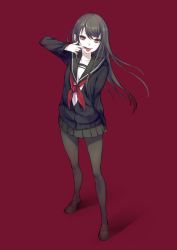 Rule 34 | 1girl, black hair, black pantyhose, cardigan, full body, highres, loafers, long hair, looking at viewer, mouth pull, neckerchief, original, pantyhose, pleated skirt, red background, red eyes, red neckerchief, school uniform, serafuku, shoes, simple background, skirt, solo, tongue, tongue out, youcapriccio, yuu (higashi no penguin)