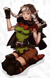 Rule 34 | 1girl, belt, boots, braid, breasts, brown footwear, dragon&#039;s crown, elf (dragon&#039;s crown), gloves, gradient background, highres, hood, hoodie, long hair, open mouth, pointy ears, red eyes, seiza, sitting, smile, solo, splashbrush, thigh boots, thighhighs, twin braids, white hair, zettai ryouiki