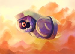 Rule 34 | beldum, brown eyes, cloud, cloudy sky, commentary, creature, english commentary, floating, full body, gen 3 pokemon, musicalcombusken, no humans, outdoors, pokemon, pokemon (creature), signature, single eye, sky, solo