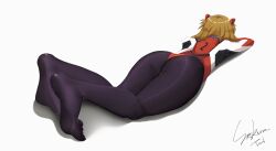 Rule 34 | 1girl, absurdres, adapted costume, arm rest, artist request, ass, bodysuit, breasts, brown hair, foreshortening, full body, hair between eyes, hair ornament, highres, huge ass, long hair, lying, multicolored bodysuit, multicolored clothes, neon genesis evangelion, on stomach, pilot suit, plugsuit, rebuild of evangelion, red bodysuit, shiny clothes, simple background, skin tight, solo, souryuu asuka langley, toes, two side up, very long hair, white background, wide hips