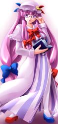 Rule 34 | 1girl, adjusting eyewear, asymmetrical footwear, blush, book, bow, crescent, dress, female focus, gin kagami, glasses, hat, hat bow, highres, long hair, looking at viewer, mismatched footwear, open mouth, patchouli knowledge, purple eyes, purple hair, shiromiza kana, solo, touhou, very long hair