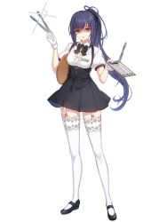 Rule 34 | 1girl, :o, badge, bill (object), black bow, black bowtie, black footwear, black skirt, blue hair, bow, bowtie, breasts, carrying, carrying under arm, center frills, clipboard, closers, collared shirt, eunha (closers), frills, full body, garter straps, glint, gloves, green eyes, hair bow, hands up, high-waist skirt, highres, holding, holding clipboard, holding tongs, holding tray, lace, lace-trimmed thighhighs, legs apart, long hair, looking at viewer, mary janes, medium breasts, miniskirt, official art, pleated skirt, ponytail, puffy short sleeves, puffy sleeves, shaded face, shirt, shoes, short sleeves, sidelocks, skirt, solo, standing, suspender skirt, suspenders, table knife, tachi-e, thighhighs, tongs, tray, underbust, very long hair, waitress, white background, white gloves, white shirt, white thighhighs, won sign, zettai ryouiki