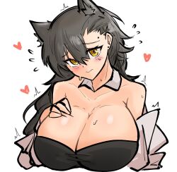 Rule 34 | 1girl, alternate breast size, animal ears, arknights, black shirt, blush, breasts, brown hair, cleavage, embarrassed, extra ears, flying sweatdrops, hand on own chest, heart, highres, huge breasts, mole, mole above eye, off shoulder, penance (arknights), shirt, simple background, solo, sweat, upper body, white background, white shirt, wolf ears, wolf girl, yellow eyes, yosua 0669