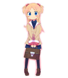 Rule 34 | 1girl, ana coppola, bag, blonde hair, blue eyes, blush, briefcase, child, clannad, cosplay, hair bobbles, hair ornament, ichigo mashimaro, ichinose kotomi, ichinose kotomi (cosplay), kanikama, loafers, noto mamiko, school bag, school briefcase, school uniform, shoes, solo, thighhighs, twintails, two side up, voice actor connection