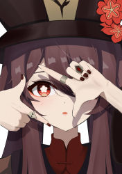 Rule 34 | 1girl, absurdres, black nails, brown hair, commentary request, finger frame, flower, genshin impact, hair between eyes, hat, hat flower, hat ornament, highres, hu tao (genshin impact), jewelry, long hair, long sleeves, looking at viewer, nail polish, parted lips, porkpie hat, qixia, red eyes, ring, sidelocks, simple background, solo, symbol-shaped pupils, twintails, white background