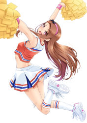 Rule 34 | 1girl, arms up, brown hair, cheerleader, hair ribbon, hairband, idolmaster, idolmaster (classic), jumping, long hair, looking at viewer, midriff, minase iori, miri (ago550421), open mouth, pink eyes, pom pom (cheerleading), ribbon, shoes, skirt, sneakers, solo, sweat, wristband