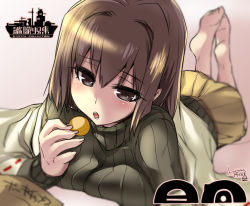Rule 34 | 10s, 1girl, bad id, bad pixiv id, barefoot, brown eyes, brown hair, chips (food), food, hyuuga (kancolle), kantai collection, open mouth, potato chips, ribbed sweater, short hair, skirt, solo, sweater, tokita monta