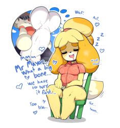 Rule 34 | 1boy, 1girl, animal crossing, bad id, bad twitter id, blonde hair, blouse, bone, chair, closed eyes, dog girl, drooling, english text, erection, full body, furry, furry female, furry with non-furry, highres, interspecies, isabelle (animal crossing), long hair, multicolored hair, nintendo, open mouth, orange hair, phallic symbol, red shirt, saliva, sexually suggestive, shirt, simple background, sitting, slugbox, sweat, tail, two-tone hair, white background