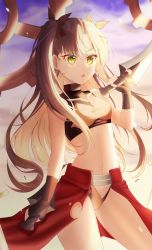 Rule 34 | 1girl, archer (fate), archer (fate) (cosplay), black gloves, black panties, blonde hair, bow, brown hair, chestnut mouth, colored inner hair, cosplay, cowboy shot, crop top, dual wielding, fate/stay night, fate (series), fingerless gloves, gloves, green eyes, hair bow, highres, holding, holding sword, holding weapon, long hair, lorian (ahrs3558), multicolored hair, navel, outdoors, panties, red bow, shiny skin, solo, standing, sunlight, sword, tohsaka rin, twintails, two-tone hair, underwear, unlimited blade works (fate), very long hair, waist cape, weapon