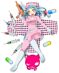 Rule 34 | 1girl, belt, blue hair, blush, bodysuit, boots, breasts, cat, cleavage, cleavage cutout, clothing cutout, drugs, female focus, full body, gloves, gun, hat, highres, hip focus, large breasts, medium breasts, nurse, nurse cap, open mouth, original, pill, short hair, solo, syringe, weapon, white background, yellow eyes