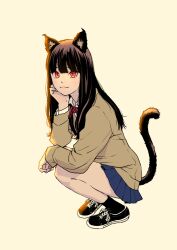 Rule 34 | animal ears, arm on knee, black footwear, black hair, black socks, blazer, blue skirt, blunt bangs, bow, bowtie, brown jacket, cat ears, cat girl, cat tail, closed mouth, collared shirt, full body, hair over shoulder, hand on own face, jacket, long hair, long sleeves, looking at viewer, miniskirt, original, peco (pockleberry), pleated skirt, red bow, red bowtie, red eyes, school uniform, shirt, shoelaces, shoes, simple background, skirt, socks, solo, squatting, tail, tan background, wavy mouth, white shirt
