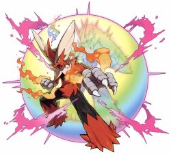 Rule 34 | 10s, absurdres, alternate form, aura, blaziken, blue eyes, claws, clenched hand, creatures (company), fire, furry, game freak, gen 3 pokemon, highres, looking at viewer, mega blaziken, mega pokemon, nintendo, official art, open mouth, pokemon, pokemon (creature), pokemon oras, pokemon xy, simple background, solo, transformation, white background