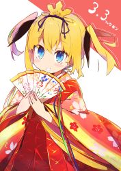 Rule 34 | 1girl, absurdres, amaryllis gumi, blonde hair, blue eyes, blush, commentary request, dated, fingernails, floral print, folding fan, grin, hair between eyes, hand fan, headpiece, highres, holding, holding fan, japanese clothes, kimono, kotohara hinari, layered clothes, layered kimono, looking at viewer, print kimono, red background, smile, solo, tama (tama-s), translation request, twintails, two-tone background, virtual youtuber, white background