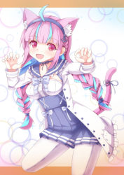 Rule 34 | 1girl, :d, ahoge, anchor hair ornament, animal ear fluff, animal ears, blue hair, blue hairband, blue ribbon, blue sailor collar, blue skirt, braid, breasts, cat ears, cat girl, cat tail, center frills, claw pose, fang, frilled jacket, frilled sailor collar, frills, fuyuki8208, hair ornament, hairband, hands up, high-waist skirt, highres, hololive, jacket, long hair, long sleeves, medium breasts, minato aqua, minato aqua (sailor), multicolored hair, open clothes, open jacket, open mouth, pantyhose, pink hair, pleated skirt, red eyes, ribbon, sailor collar, shirt, skirt, smile, solo, tail, tail ornament, tail raised, tail ribbon, twin braids, twintails, two-tone hair, very long hair, virtual youtuber, white jacket, white pantyhose, white shirt