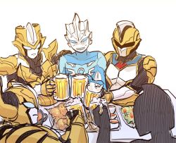 4boys absolute_diavolo absolute_tartarus absolute_titan alcohol alien arm_blade armor beer beer_mug blue_eyes blue_skin blush bracelet breastplate chicken_(food) color_timer colored_skin commentary_request cup drunk flustered food fried_chicken full_armor gold_armor gold_helmet gold_trim holding holding_cup horns jewelry korean_commentary male_focus mug multicolored_skin multiple_boys no_pupils pauldrons rutoruto83 salad shoulder_armor silhouette simple_background sketch sweat table toasting_(gesture) tokusatsu ultra_galaxy_(series) ultra_galaxy_fight:_the_destined_crossroad ultra_series ultraman_tregear ultraman_tregear_early_style weapon white_background white_skin