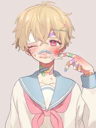 Rule 34 | 1girl, 382, androgynous, bandages, bandaid, bandaid on face, bandaid on hand, bandaid on neck, blonde hair, blood, blue nails, blush, brown background, bruise, bruise on face, closed mouth, commentary request, crossed bangs, earrings, hair ornament, hairclip, highres, injury, jewelry, looking at viewer, multicolored nails, nail polish, one eye closed, original, pink eyes, rabbit-shaped pupils, red eyes, sailor collar, school uniform, serafuku, short hair, simple background, solo, sweatdrop, symbol-shaped pupils, tears
