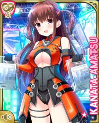 Rule 34 | 1girl, :d, amatsu kanata, black leotard, black thighhighs, breasts, brown hair, card, character name, cosplay, day, elbow gloves, game show, girlfriend (kari), gloves, hair ornament, hairclip, indoors, leotard, long hair, official art, open mouth, orange gloves, qp:flapper, red eyes, smile, solo, standing, tagme, thighhighs, underboob