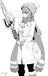 Rule 34 | 1girl, alternate costume, beatrix (granblue fantasy), boots, breath, dated, gloves, granblue fantasy, greyscale, hat, jacket, long hair, monochrome, motitoy, scarf, solo, sword, weapon, white background