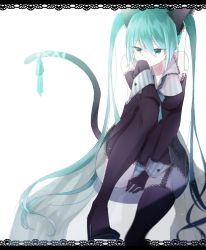 Rule 34 | 1girl, animal ears, aqua eyes, aqua hair, bad id, bad pixiv id, black footwear, black gloves, black thighhighs, boots, breasts, cat ears, cat tail, detached sleeves, elbow gloves, garter straps, gloves, hatsune miku, high heel boots, high heels, highres, long hair, panties, ribbon, risky game (vocaloid), sleeveless, solo, soroco, striped clothes, striped panties, tail, tail ornament, tail ribbon, thigh boots, thighhighs, twintails, underwear, very long hair, vocaloid, wrist cuffs