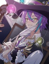 Rule 34 | 1boy, aqua hair, book, brown hat, chain, frilled sleeves, frills, gem, hat, highres, holding, holding book, holding quill, kamishiro rui, long sleeves, looking at viewer, male focus, medium hair, multicolored hair, nes 402, open book, project sekai, purple hair, quill, smile, steampunk, streaked hair, yellow eyes