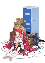 Rule 34 | 1girl, absurdres, blue archive, blush, box, cable, cardboard box, forehead, full body, game console, grenade launcher, halo, highres, locker, looking at viewer, m320, modular weapon system, purple eyes, sandals, school uniform, sitting, slippers, solo, stand-alone configuration, toombo12, weapon, white background, wire, yuzu (blue archive)