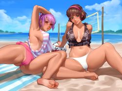 Rule 34 | 2girls, arm support, ayane (doa), ball, barefoot, beach, bikini, blue eyes, breasts, brown hair, cleavage, commentary, dead or alive, dead or alive xtreme, feet, headband, hitomi (doa), holding, holding ball, kairunoburogu, large breasts, lips, looking at viewer, multiple girls, navel, ocean, palm tree print, parted lips, pink hair, print bikini, red eyes, short hair, sideboob, sitting, smile, soles, spread legs, swimsuit, tan, tanline, thighs, toenails, toes, volleyball (object), volleyball net