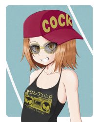 Rule 34 | 1girl, absurdres, bare shoulders, blush, breasts, brown eyes, brown hair, collarbone, grin, hat, highres, k-on!, looking at viewer, short hair, sleeveless, small breasts, smile, solo, sunglasses, tainaka ritsu, upper body, wu-tang clan, young savage