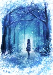 Rule 34 | 1girl, axleaki, bare tree, border, commentary request, fading border, forest, hand in pocket, highres, long sleeves, nature, night, original, outdoors, pantyhose, scarf, scenery, skirt, snow, snowing, solo, standing, star (symbol), tree, wide shot, winter, winter clothes