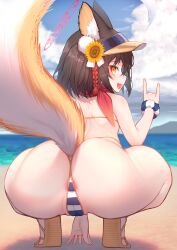 Rule 34 | 1girl, :d, absurdres, akuma (st.takuma), animal ears, anus, anus peek, ass, ass focus, beach, bikini, blue archive, blue sky, brown hair, cloud, day, fox ears, fox girl, fox shadow puppet, fox tail, from behind, g-string, halo, highres, izuna (blue archive), izuna (swimsuit) (blue archive), looking at viewer, looking back, ocean, official alternate costume, open mouth, outdoors, red halo, short hair, sky, smile, solo, squatting, string bikini, striped bikini, striped clothes, swimsuit, tail, thong, thong bikini, visor cap