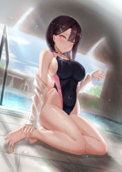 Rule 34 | 1girl, black one-piece swimsuit, blush, breasts, brown hair, can zhu, clenched hands, collarbone, competition swimsuit, covered navel, dripping, dutch angle, full body, glint, groin, hair between eyes, hair ornament, hairclip, highleg, highleg swimsuit, highres, holding, kneeling, legs together, looking at viewer, md5 mismatch, off shoulder, one-piece swimsuit, open clothes, open shirt, original, parted lips, pool, pool ladder, poolside, shirt, short hair, sideboob, solo, sparkle, spread toes, swimsuit, swimsuit under clothes, table, toes, wet, wet clothes, wet shirt, wet swimsuit, white shirt