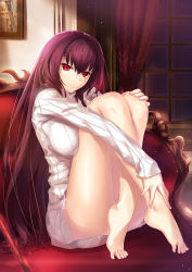 Rule 34 | breast press, breasts, chair, artistic error, fate/grand order, fate (series), gae bolg (fate), hair intakes, highres, knees to chest, large breasts, long hair, long sleeves, looking at viewer, photo (object), polearm, purple hair, red eyes, ribbed sweater, scathach (fate), sitting, smile, solo, spear, sweater, thighs, very long hair, weapon, window, yoshida takuma